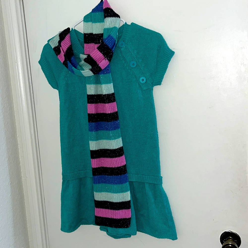 Turquoise Button-Accent Sweater Dress & Stripe Scarf - Girls